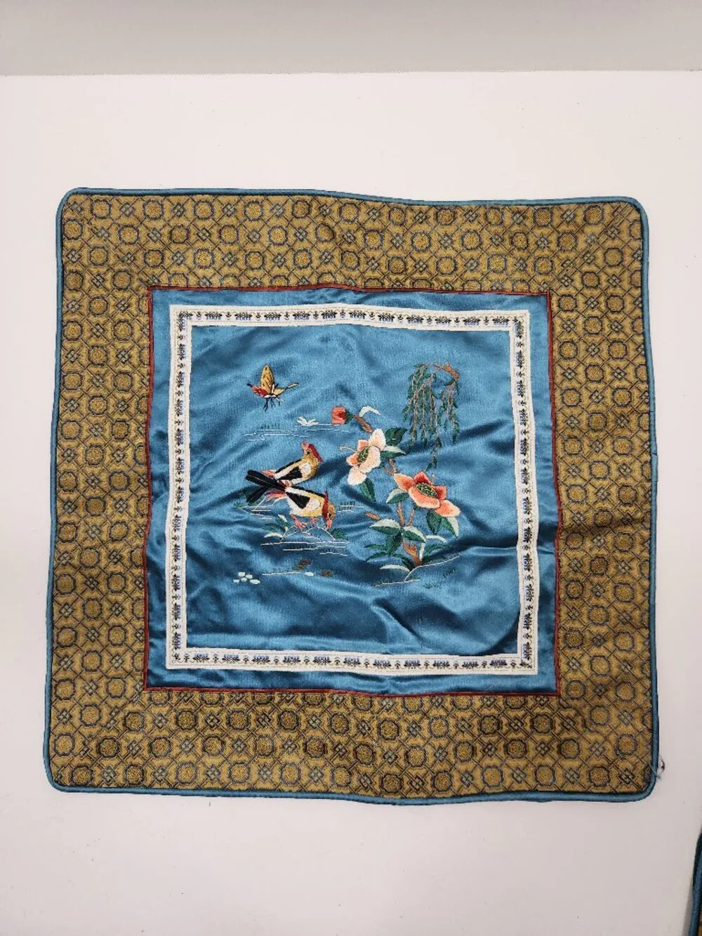 Vintage Mid-Century Chinese Hand-Embroidered 100% Silk Pillow Shams Set of 2